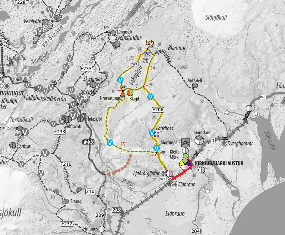 La mappa del percorso (i bolli marroni indicano la variante difficile) da https://cyclingiceland.is/